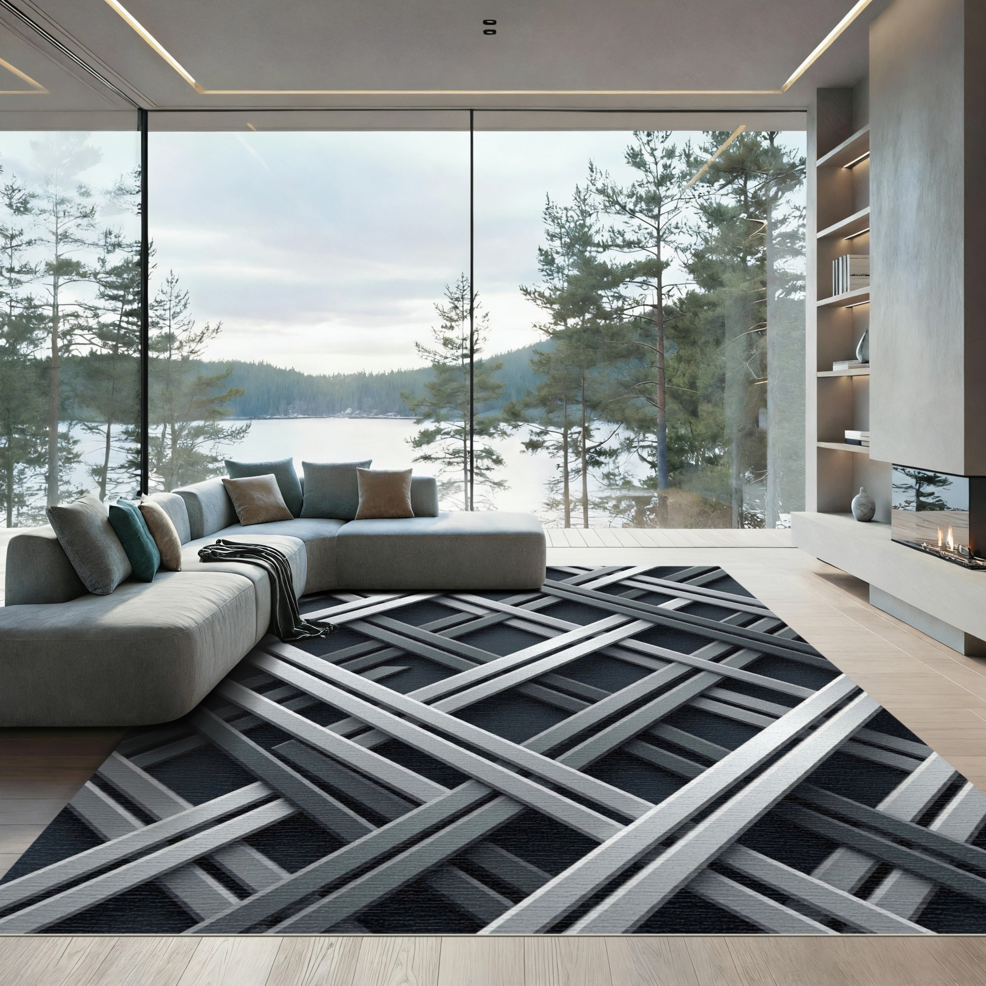 Modern Linear Metallic Crosshatch Gray Rug