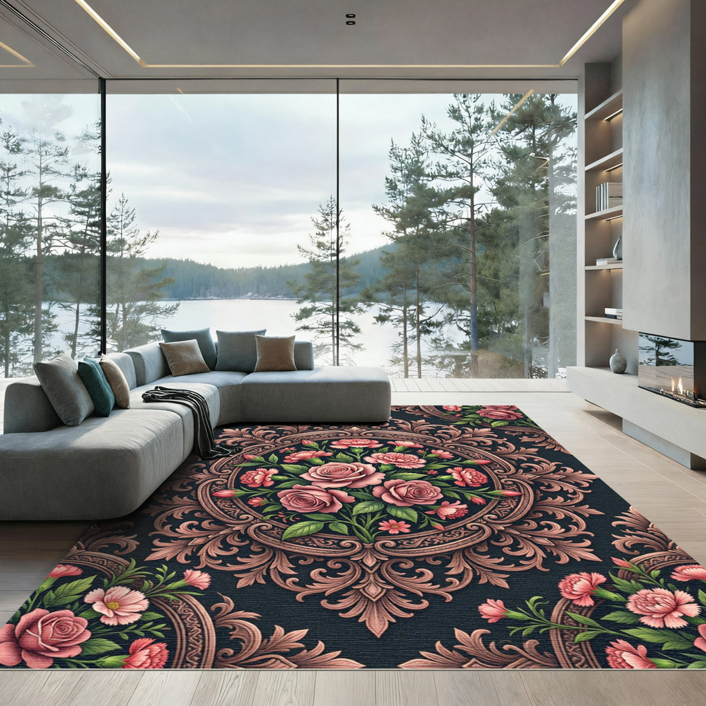 Elegant Blush Rose Floral Medallion Rug