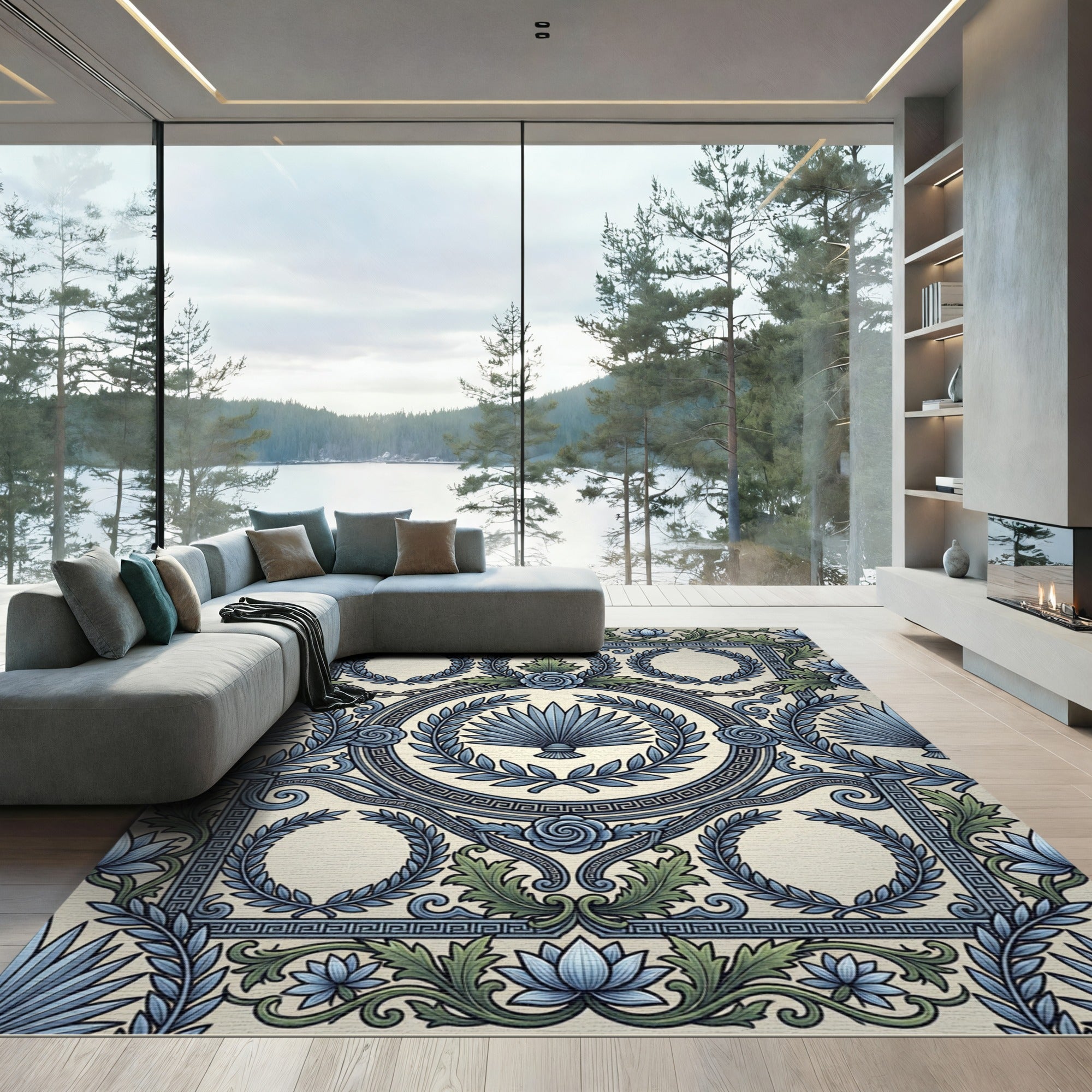 Neoclassical Blue Laurel Rose Medallion Rug
