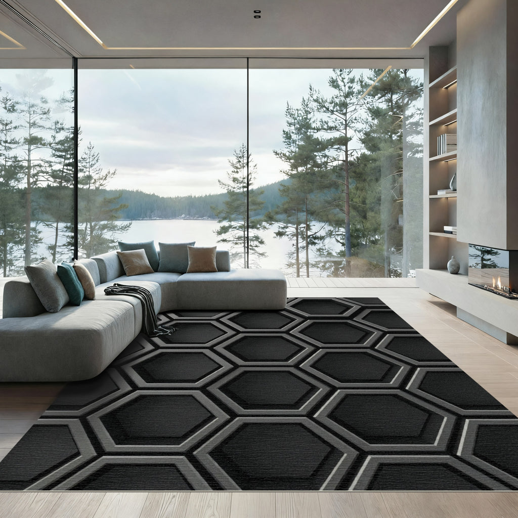Dark Gray Geometric Hexagon Texture Rug