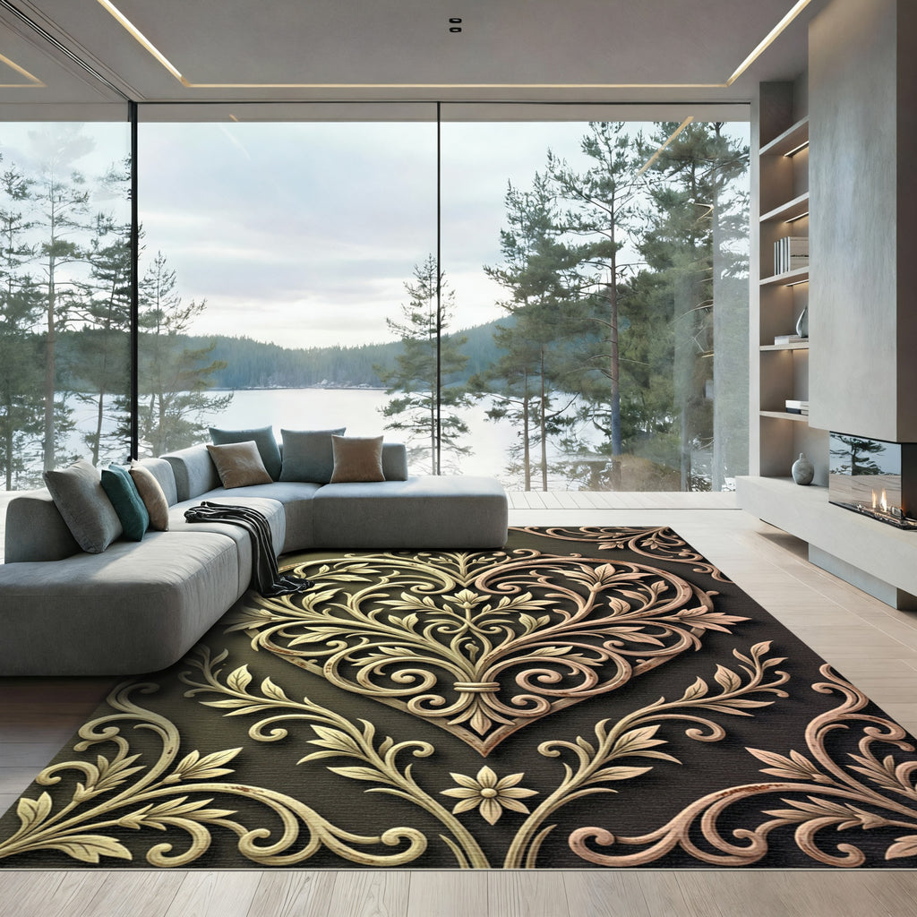 Ornate Golden Heart Floral Damask Rug