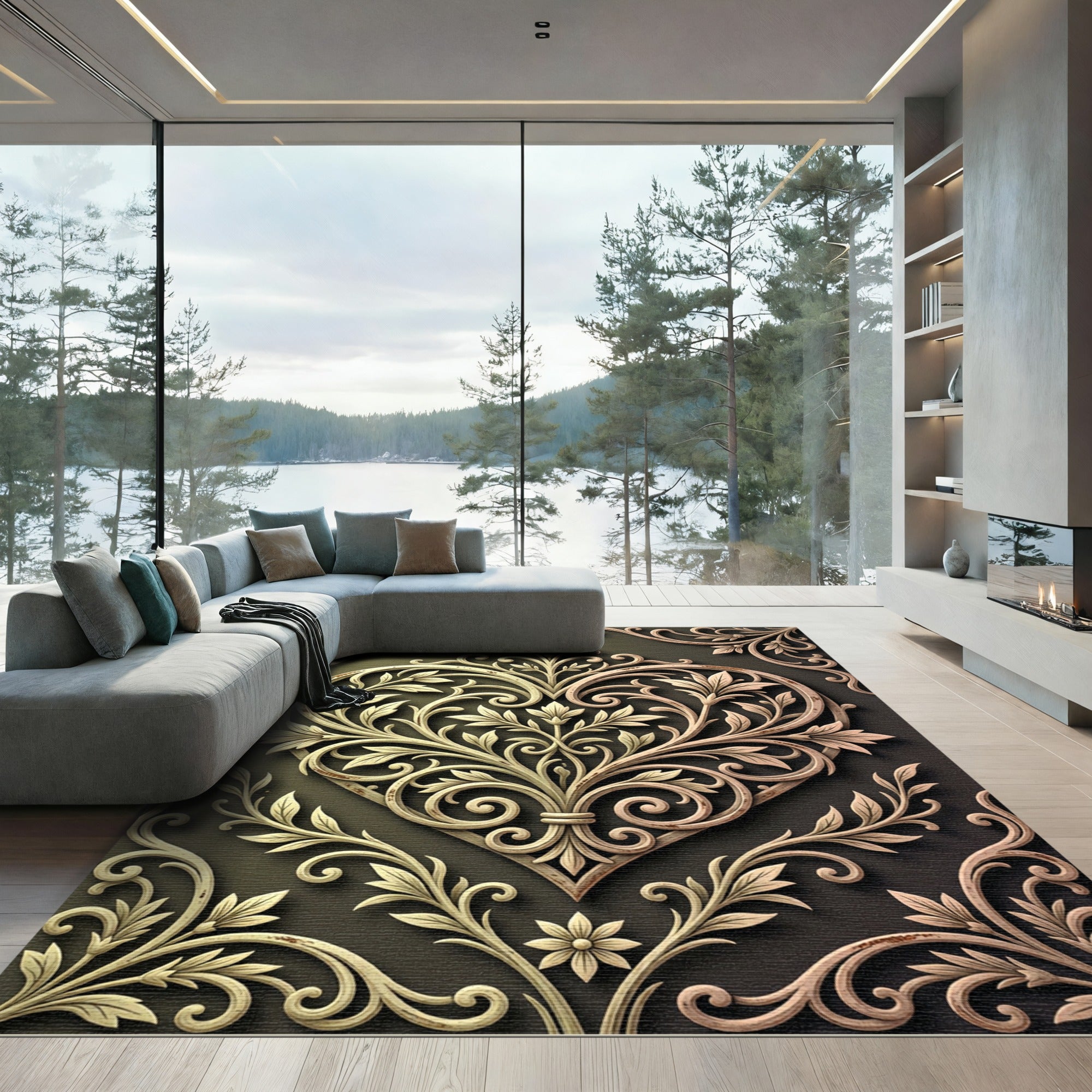 Ornate Golden Heart Floral Damask Rug