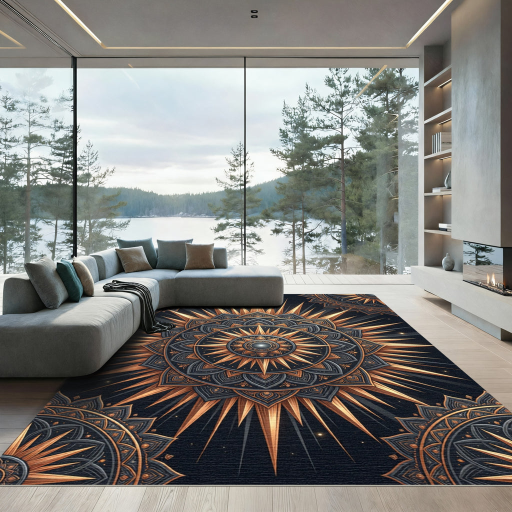 Golden Sunburst Medallion Black Rug