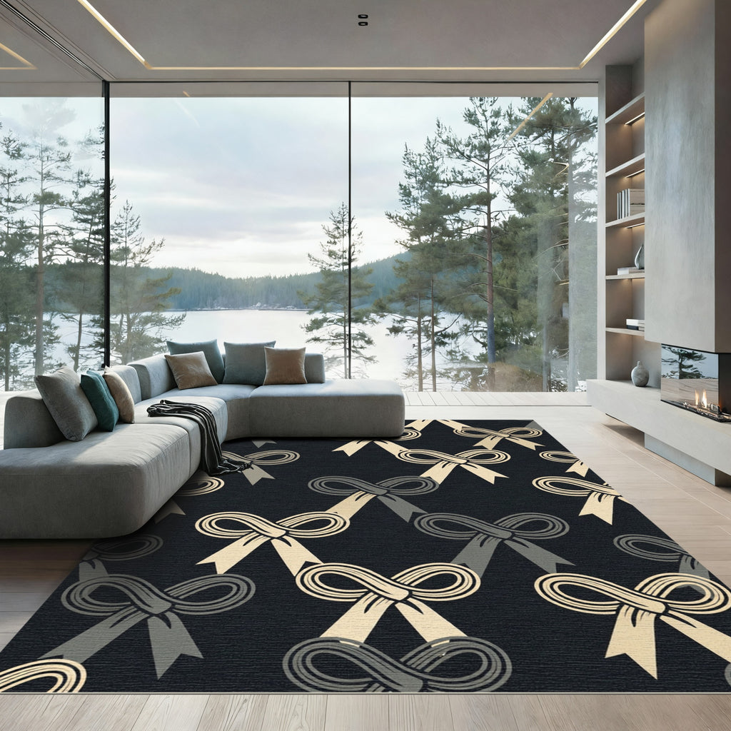 Elegant Cream Bows on Charcoal Background Rug