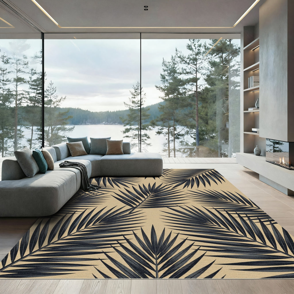 Dark Charcoal Palm Leaves on Beige Rug