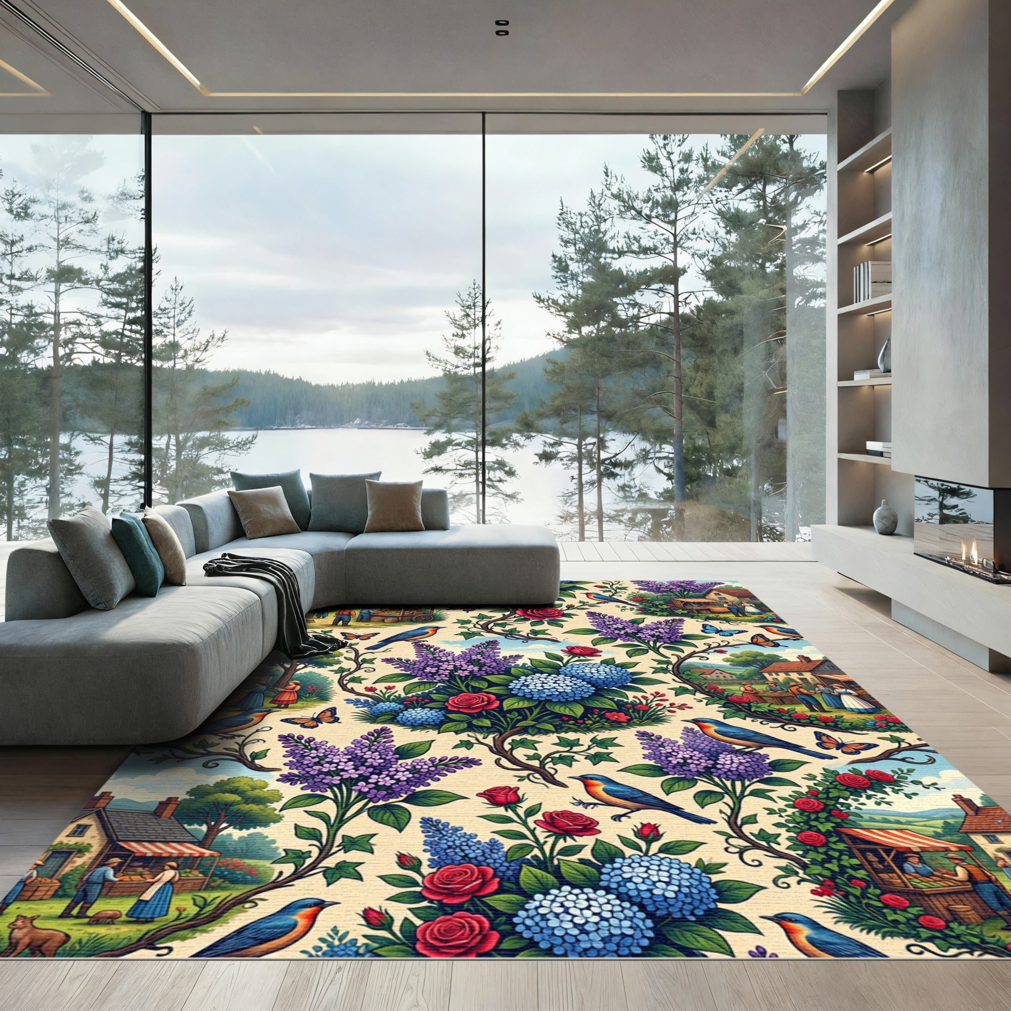 Whimsical Bluebird Village Floral Garden Rug