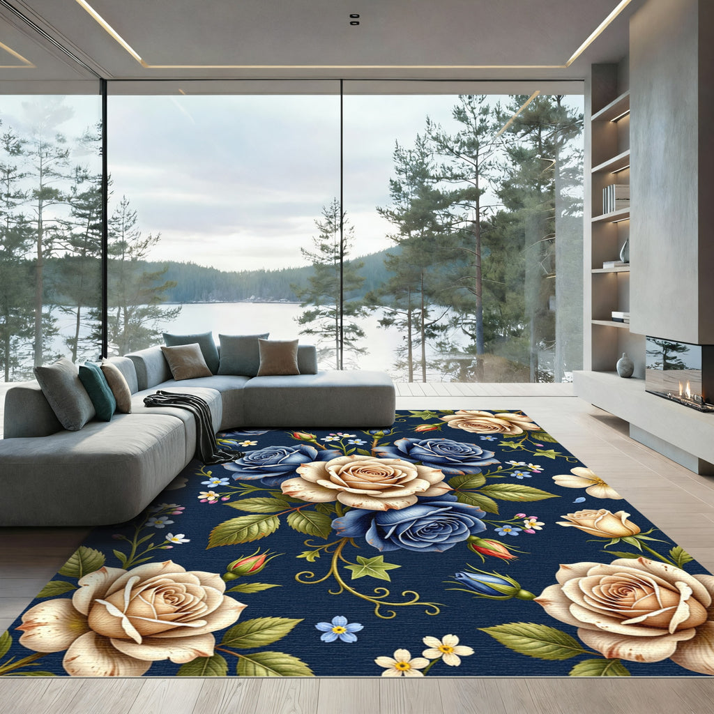 Elegant Navy Cream Rose Floral Bouquet Rug