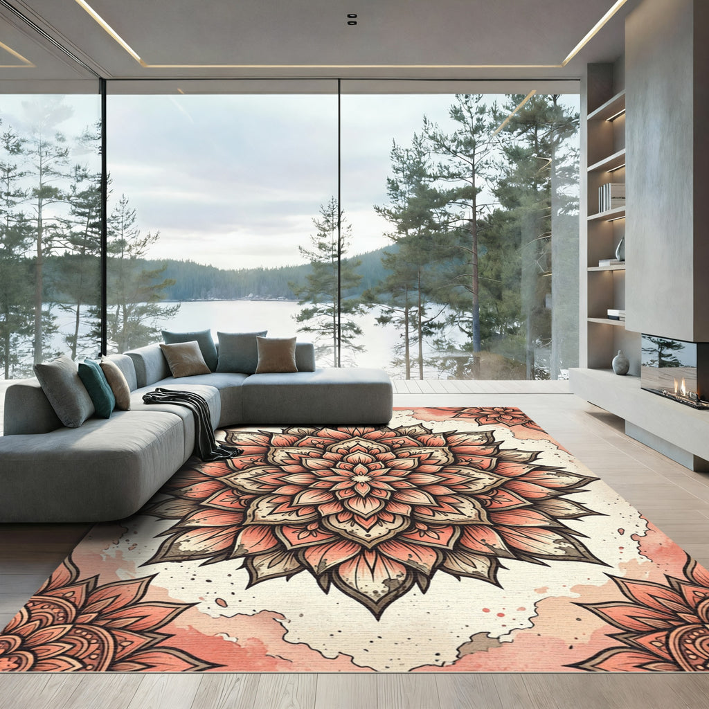 Coral Pink Mandala Floral Art Rug