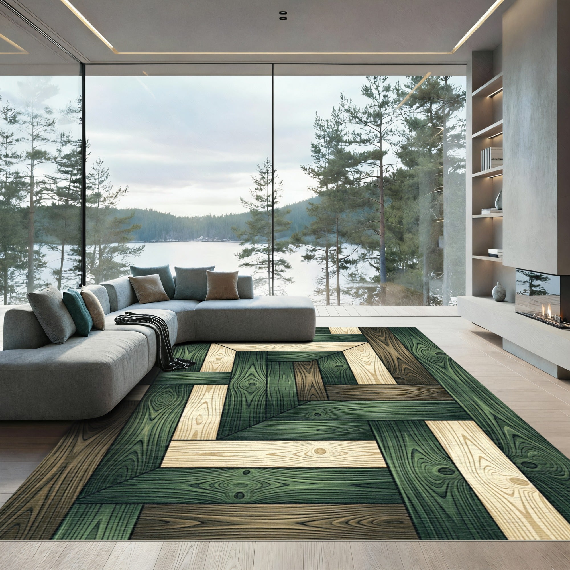 Geometric Forest Green Wood Plank Tile Rug