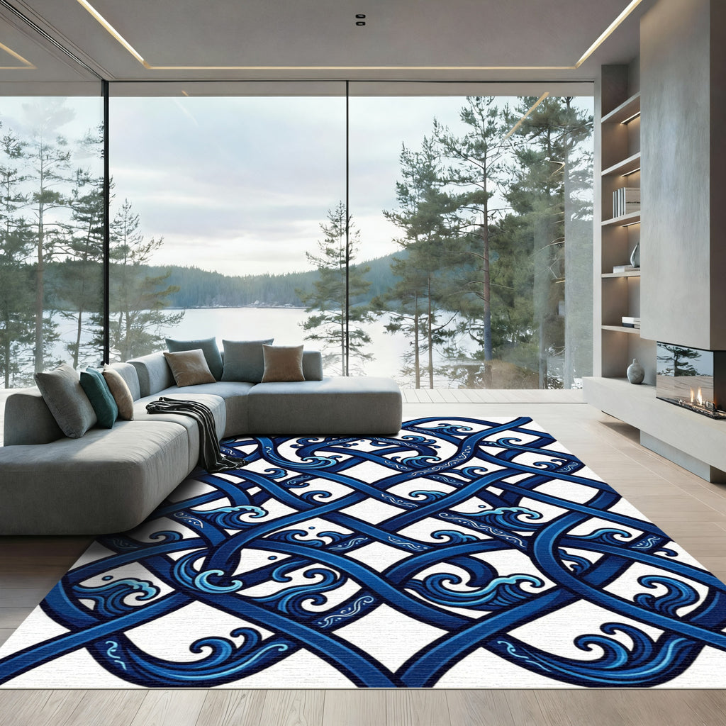 Navy Blue Intertwined Wavy Ocean Waves Rug