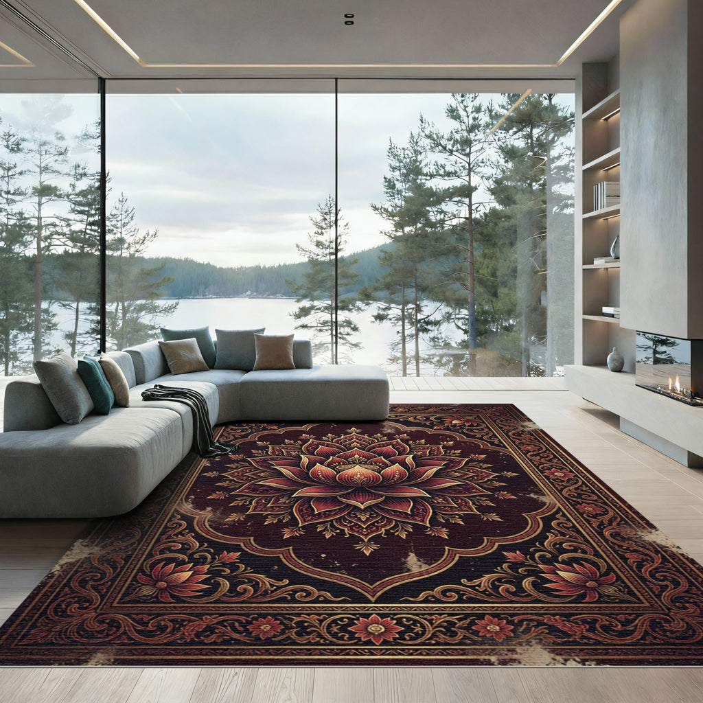 Ornate Deep Maroon Lotus Medallion Rug