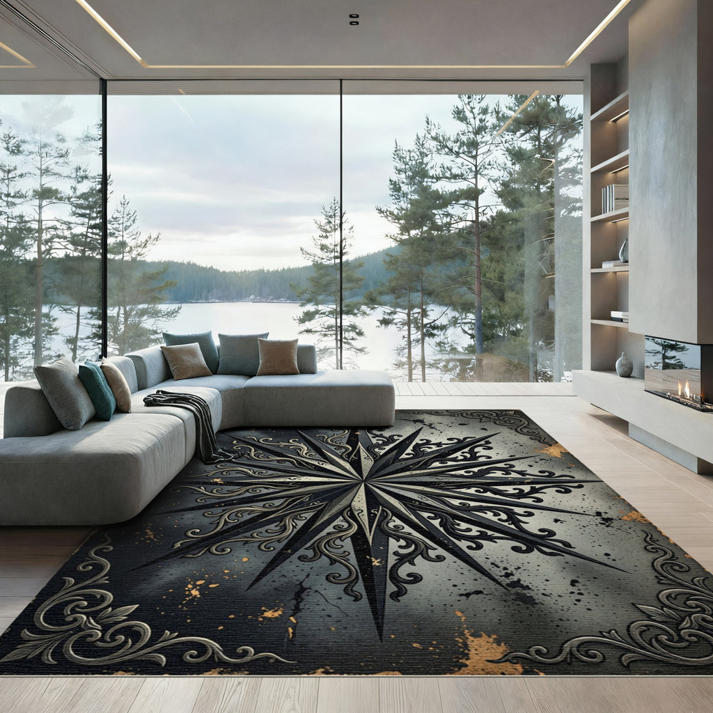 Gothic Blackened Silver Starry Compass Rug