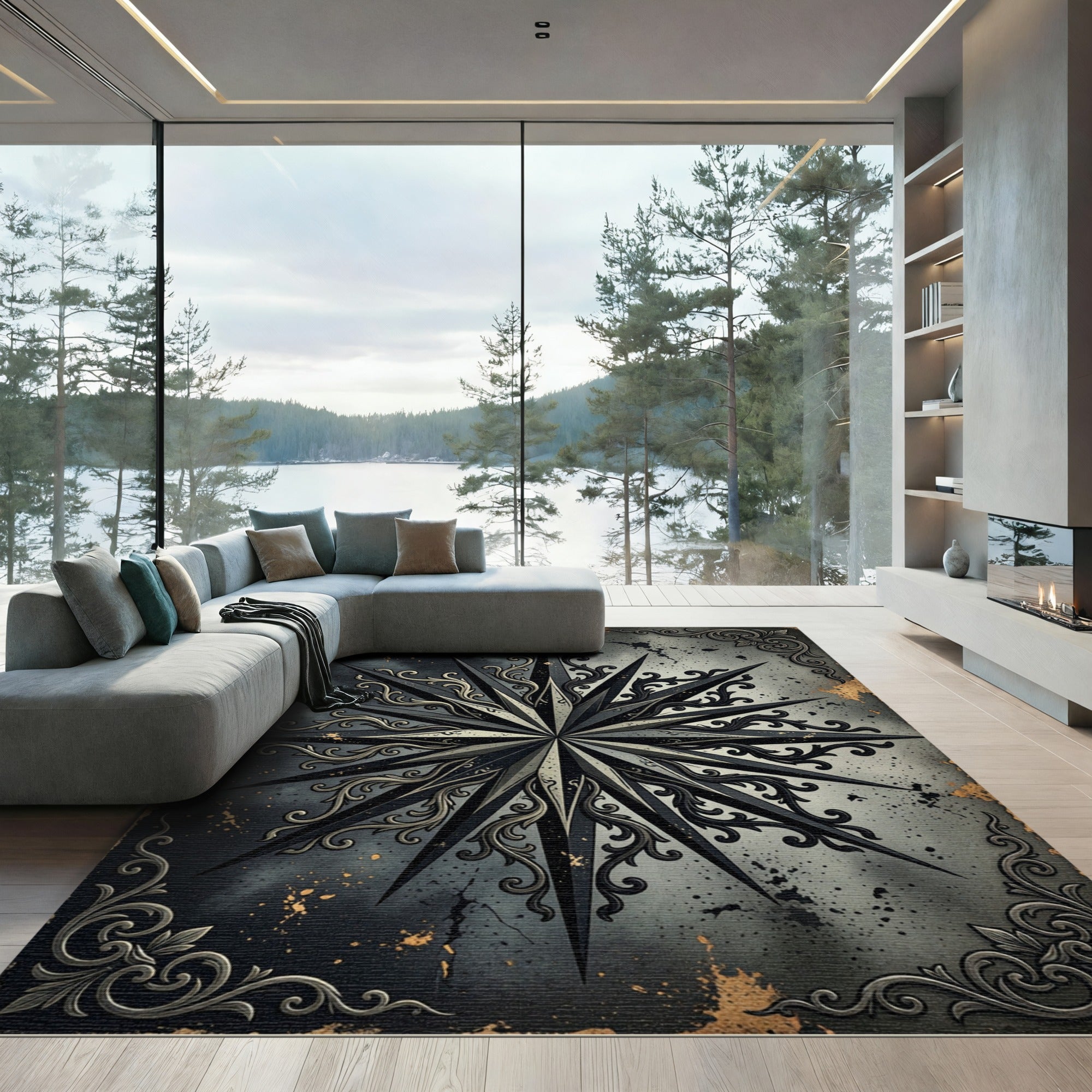 Gothic Blackened Silver Starry Compass Rug