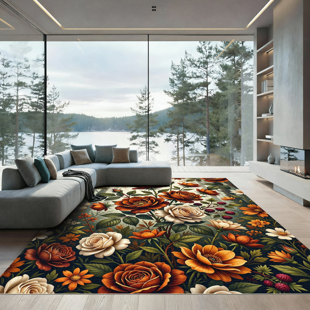 Rich Terracotta Rose Garden Botanical Rug