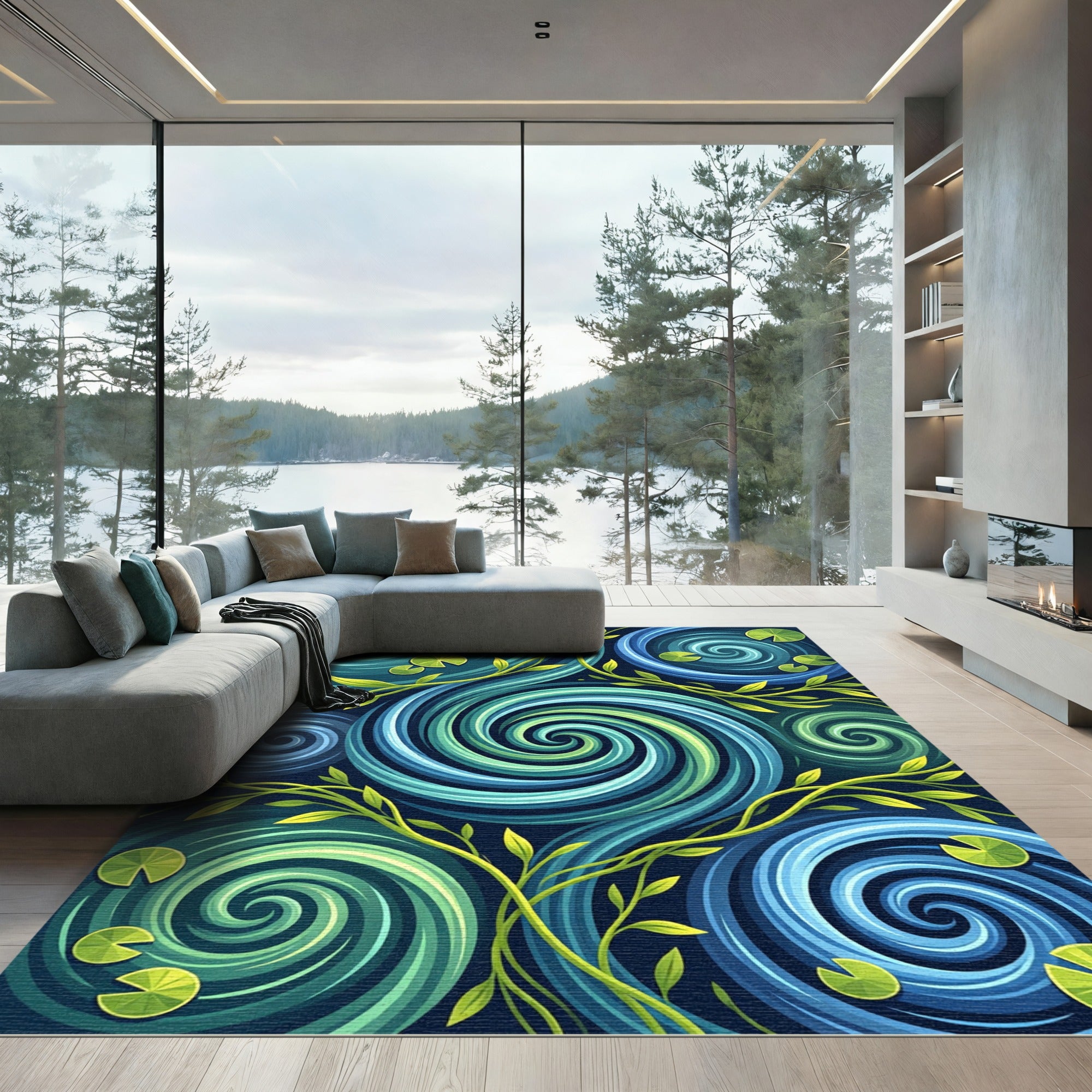 Verdant Aquatic Swirl Water Lily Rug