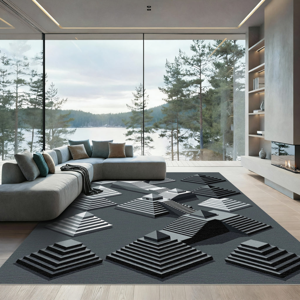 Gray Isometric Step Pyramid Composition Rug