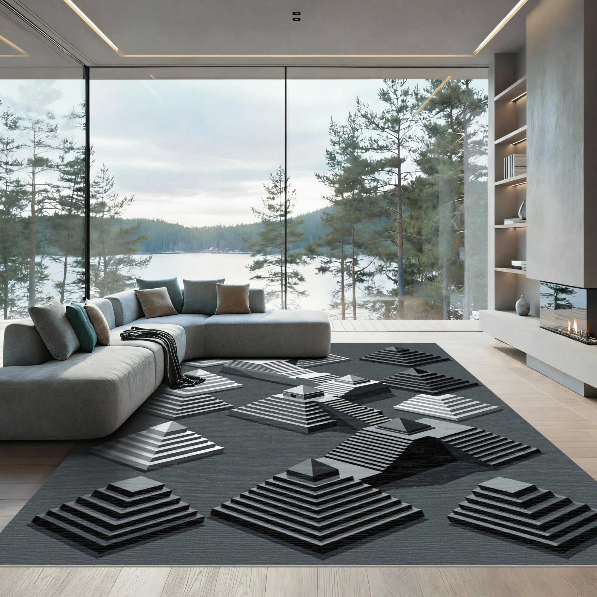 Gray Isometric Step Pyramid Composition Rug