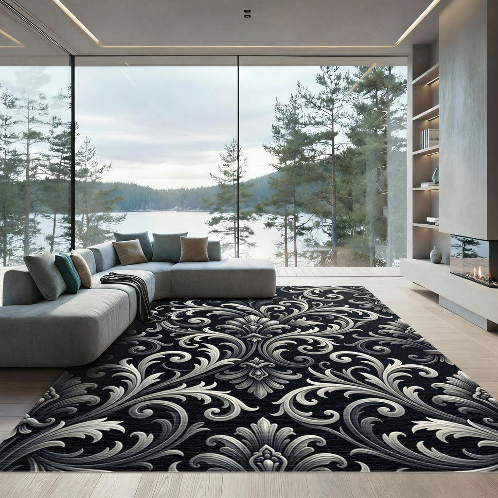 Elegant Graphite Silver Baroque Scroll Rug