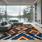Bold Geometric Indigo and Ochre Diamond Rug