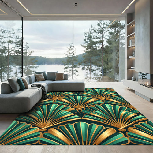 Art Deco Emerald Gold Fan Rug