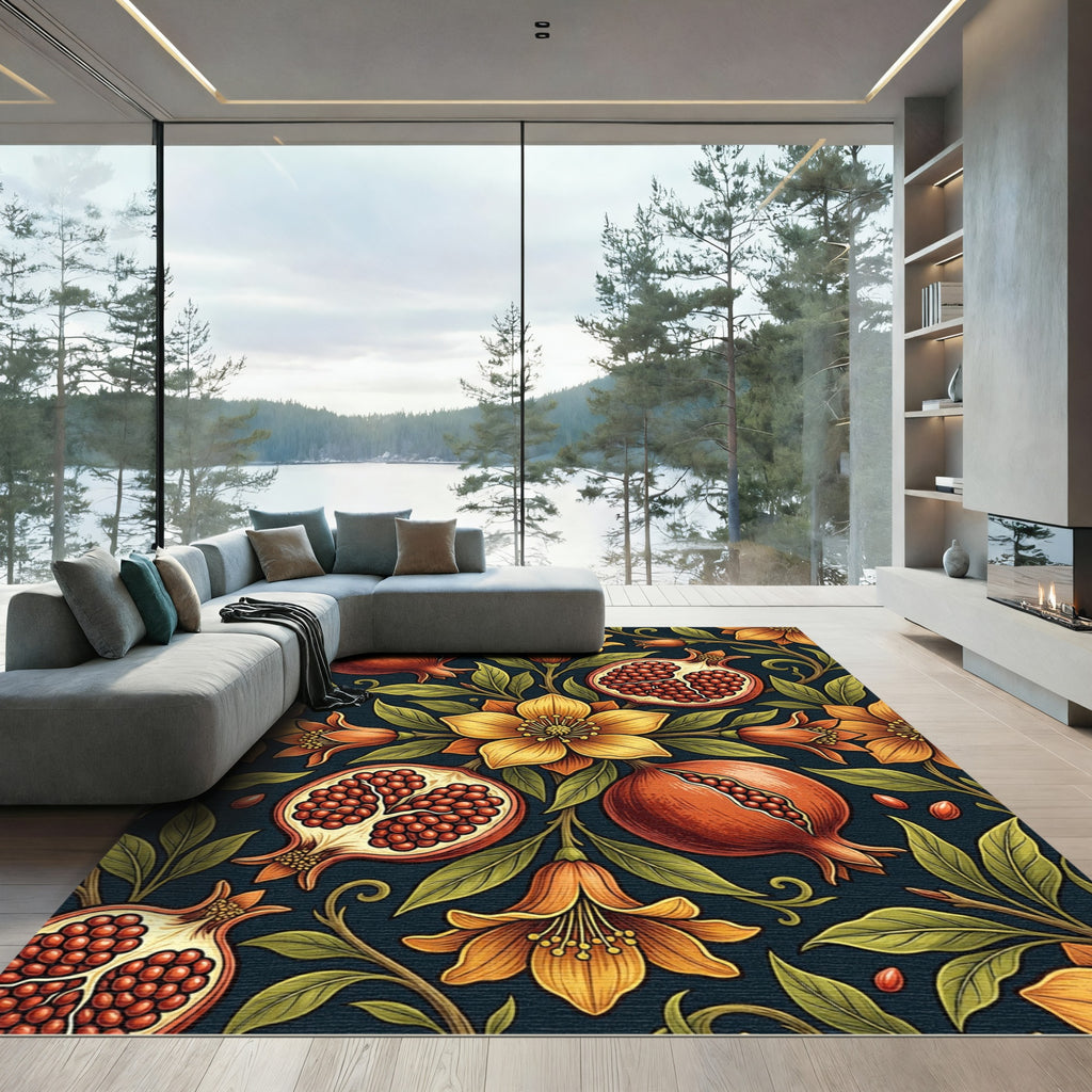 Golden Pomegranate Floral Botanical Art Rug