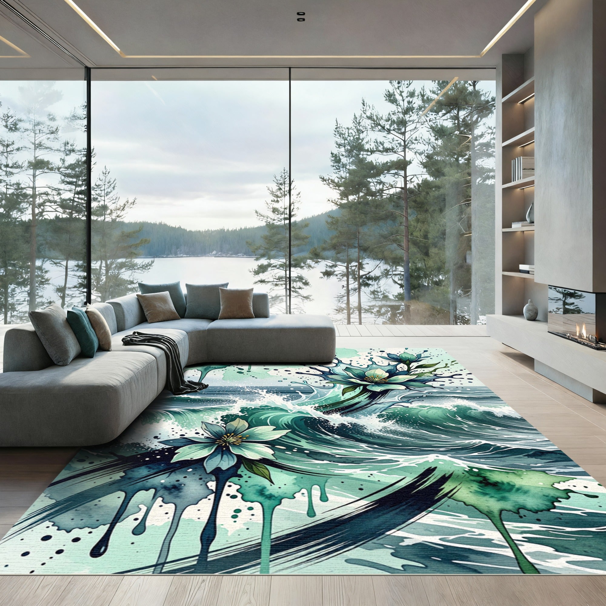 Watercolor Teal Ocean Wave Floral Rug