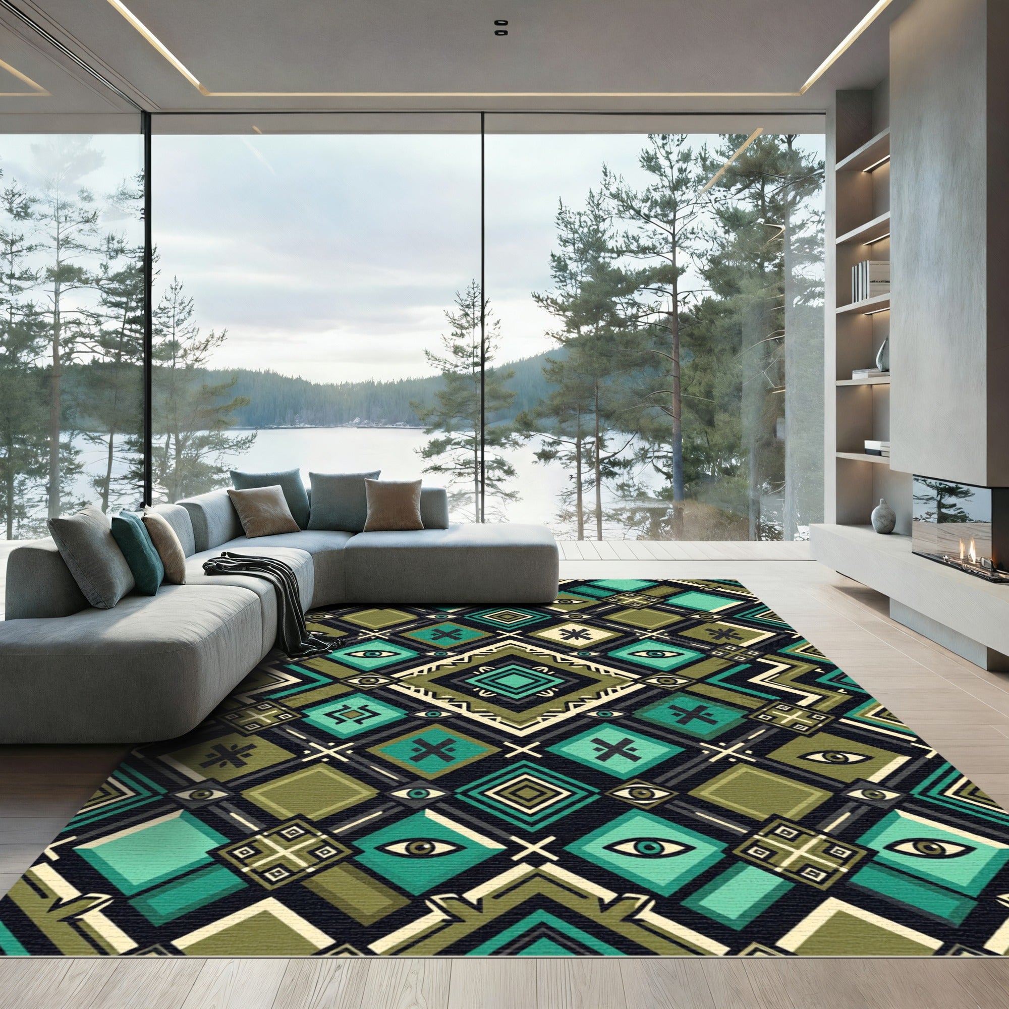 Geometric Teal and Olive Eye Tile Rug