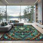 Ornate Teals Gold Scalloped Shell Scrollwork Rug