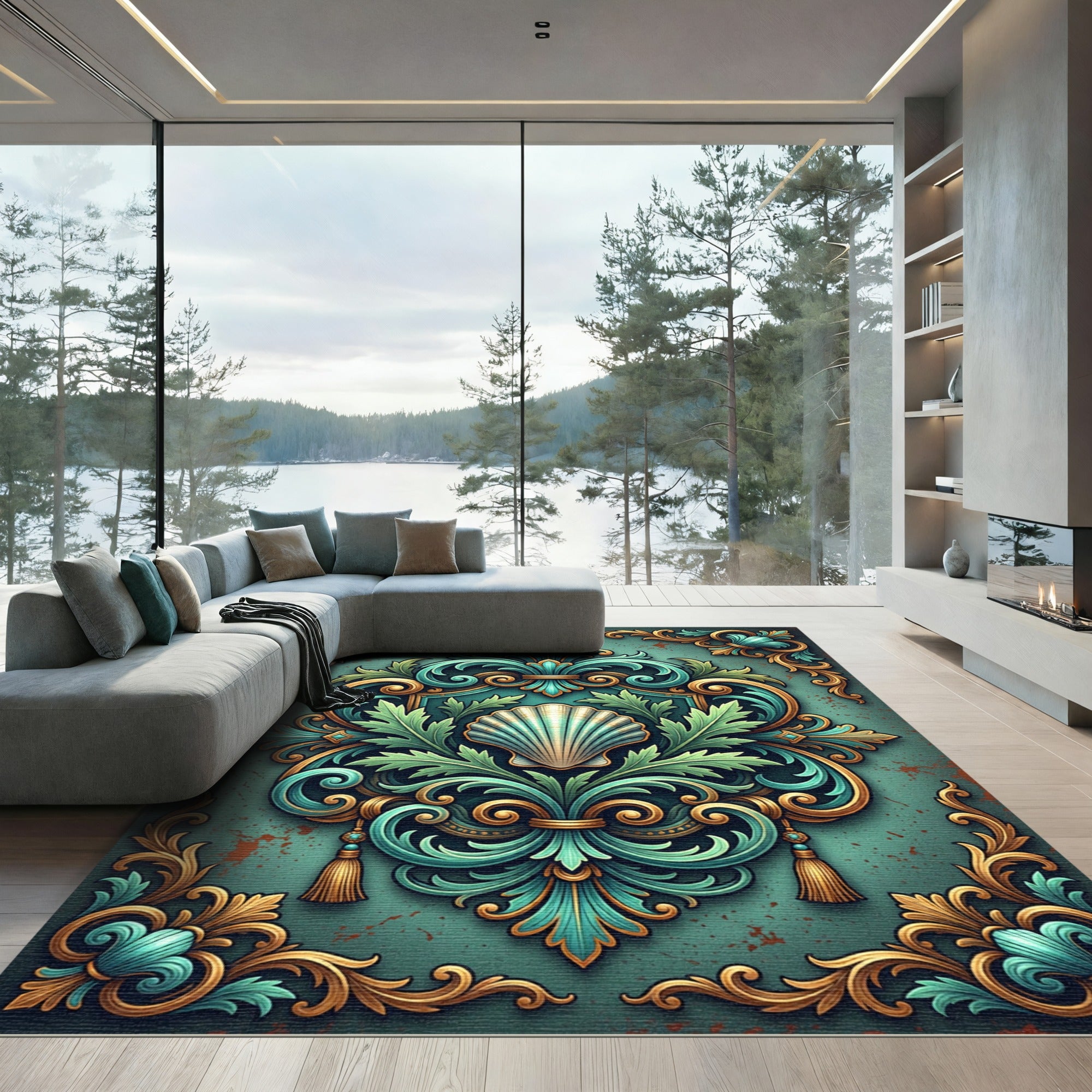 Ornate Teals Gold Scalloped Shell Scrollwork Rug