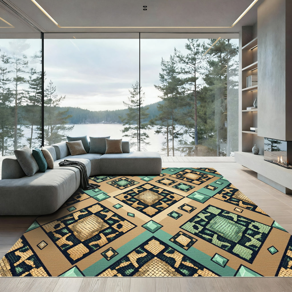 Tan Teal Snake Skin Diamond Rug