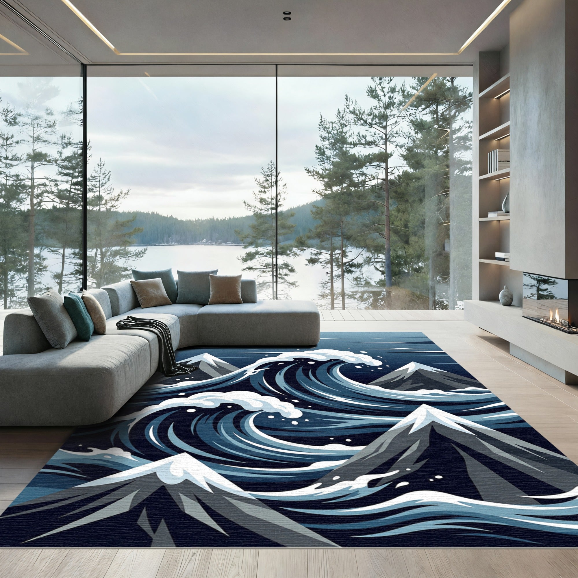 Artistic Blue Mountain Wave Rug