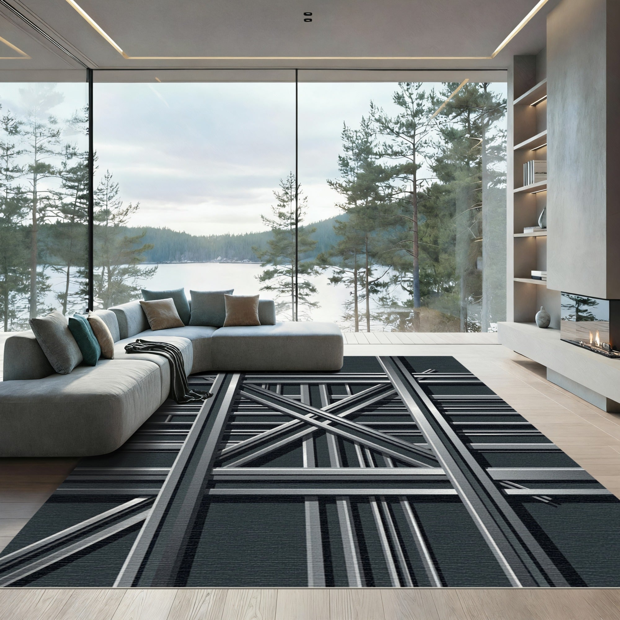 Industrial Geometric Charcoal Steel Grid Rug