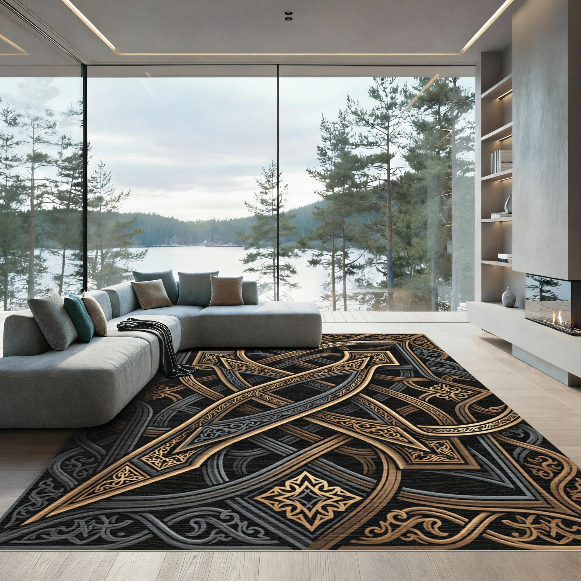 Ornate Gold and Charcoal Interlocking Scroll Rug