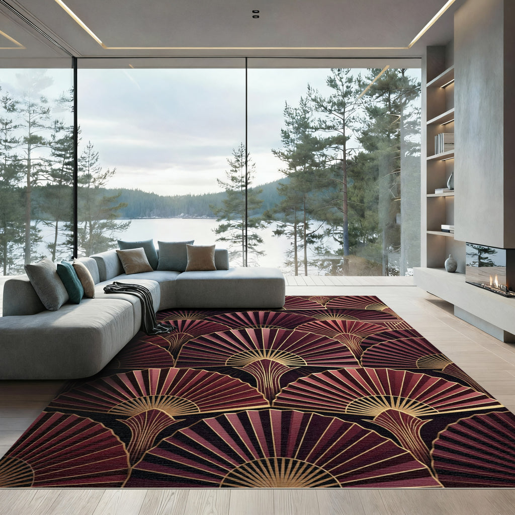 Art Deco Crimson Fan Medallion Rug
