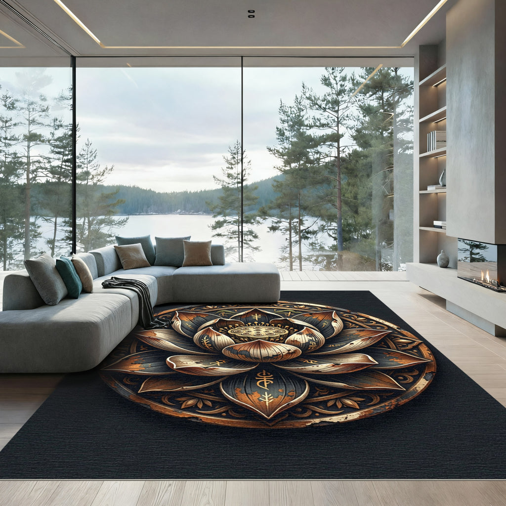 Distressed Black and Gold Lotus Medallion Rug