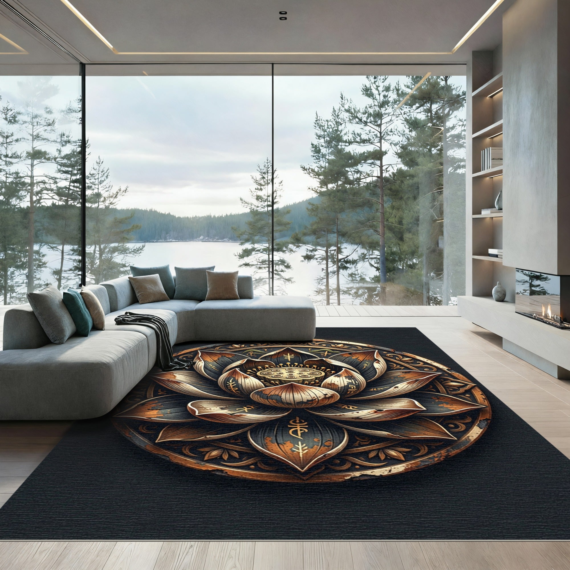 Distressed Black and Gold Lotus Medallion Rug