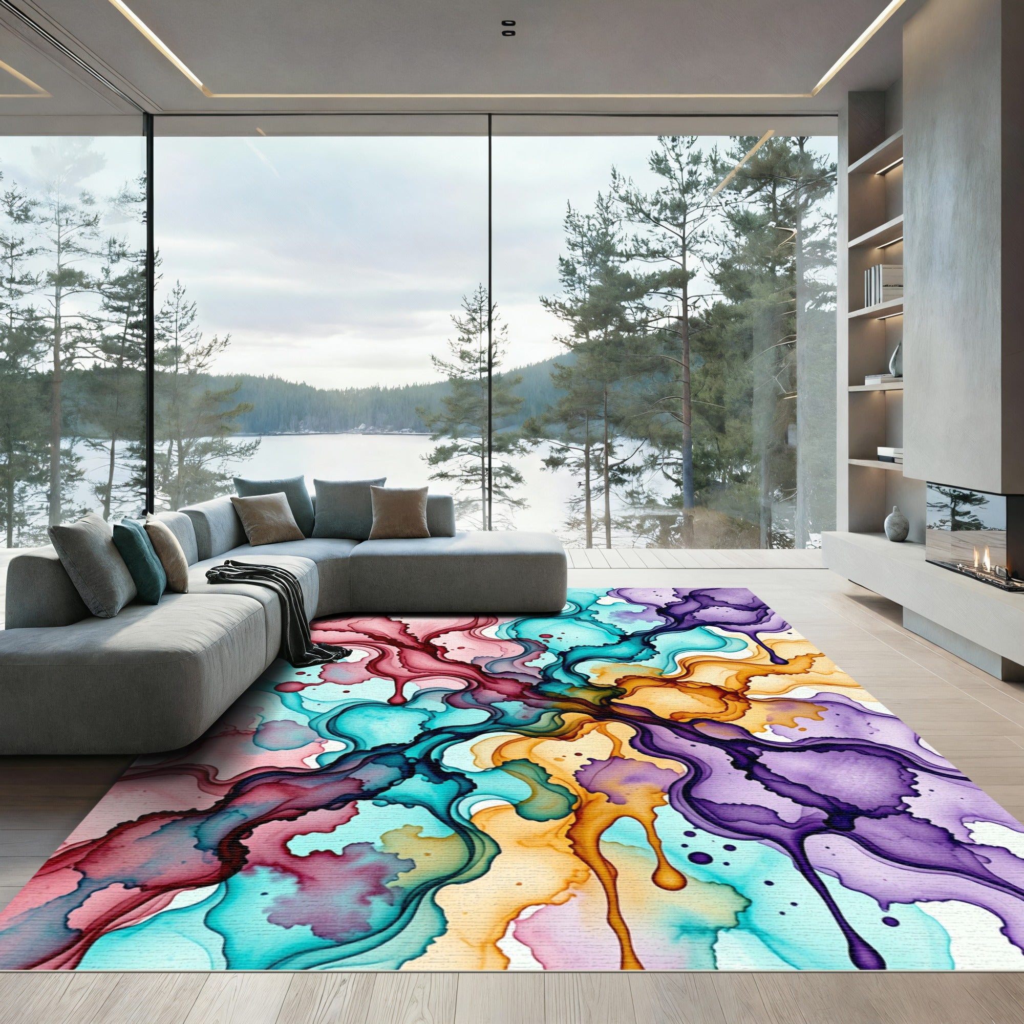 Vibrant Multicolor Fluid Abstract Wave Art Rug