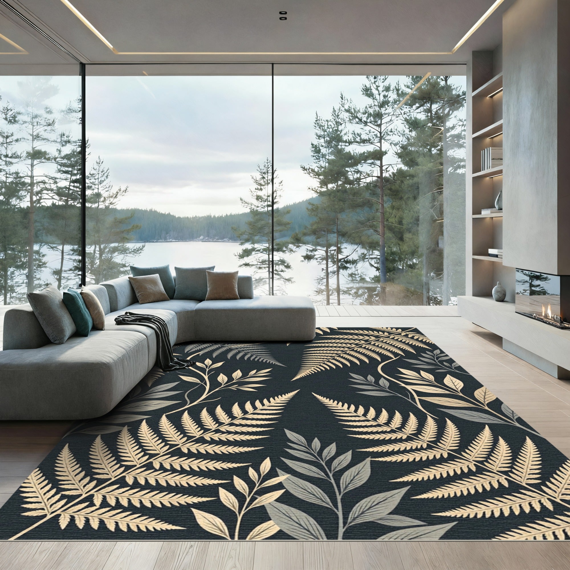 Elegant Golden Fern Foliage Charcoal Rug