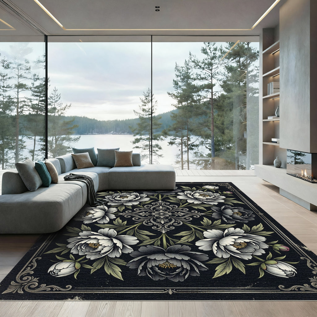 Monochromatic Peony Floral Damask Onyx Rug