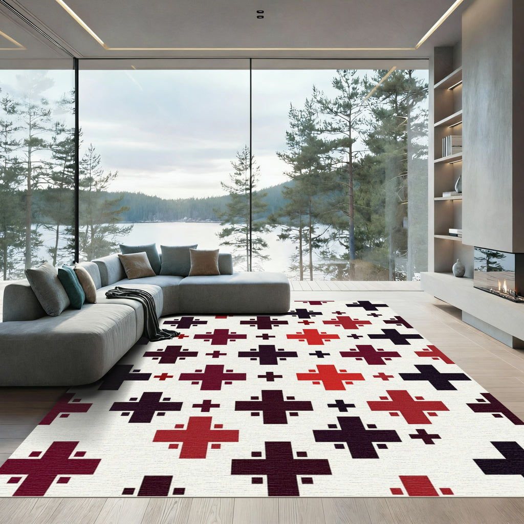 Crimson Black Cross Stitch Pattern Rug