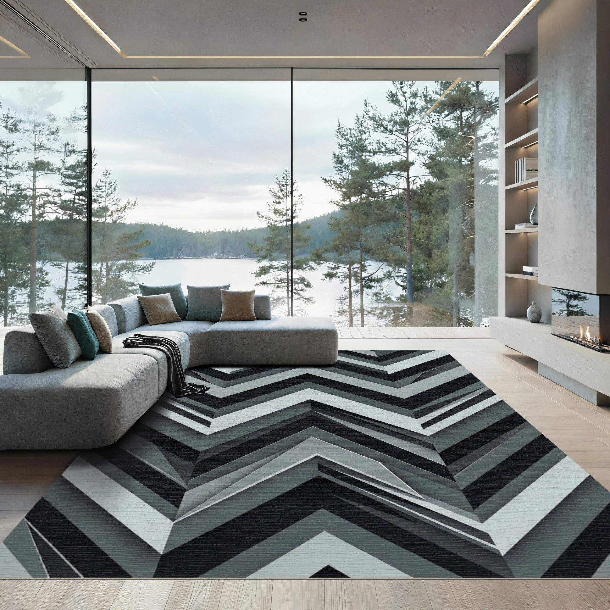Monochromatic Gray Geometric Chevron Rug