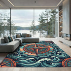 Nautical Compass Amidst Teal Ocean Waves Rug