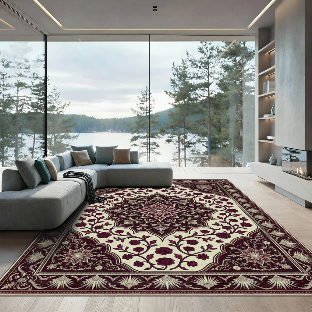 Deep Crimson Rose Floral Medallion Rug