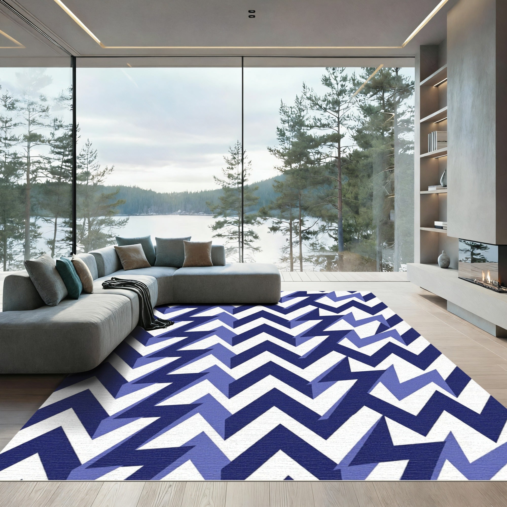 Bold Blue Jagged Chevron Pattern Rug