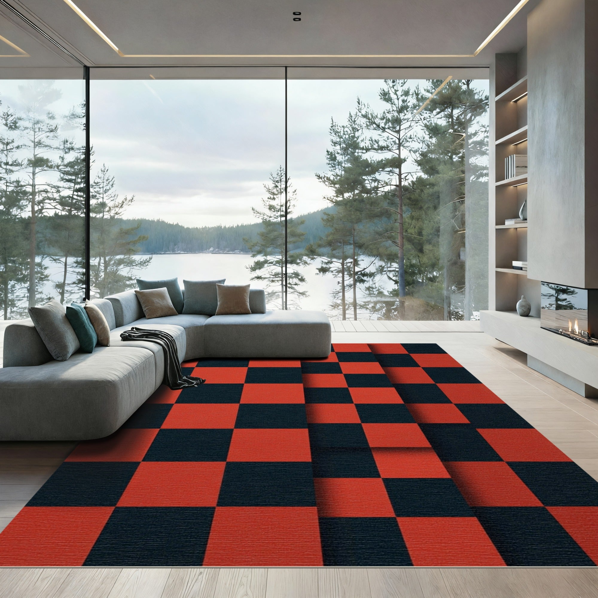 Modern Red and Charcoal Geometric Checkerboard Rug