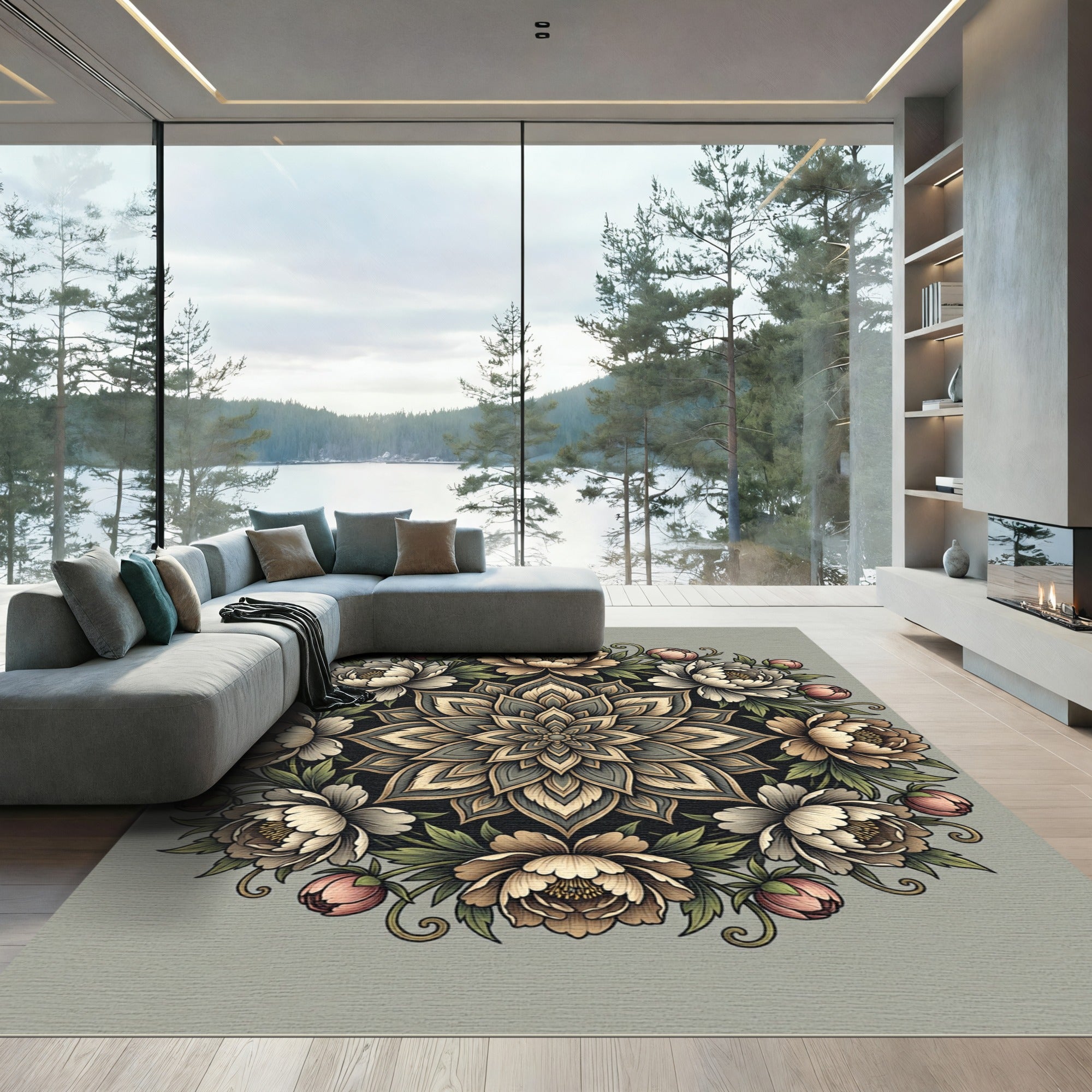 Elegant Floral Peony Mandala Medallion Rug