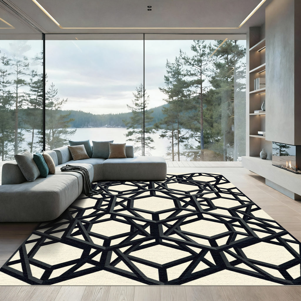 Monochrome Geometric Hexagon Lattice Art Rug