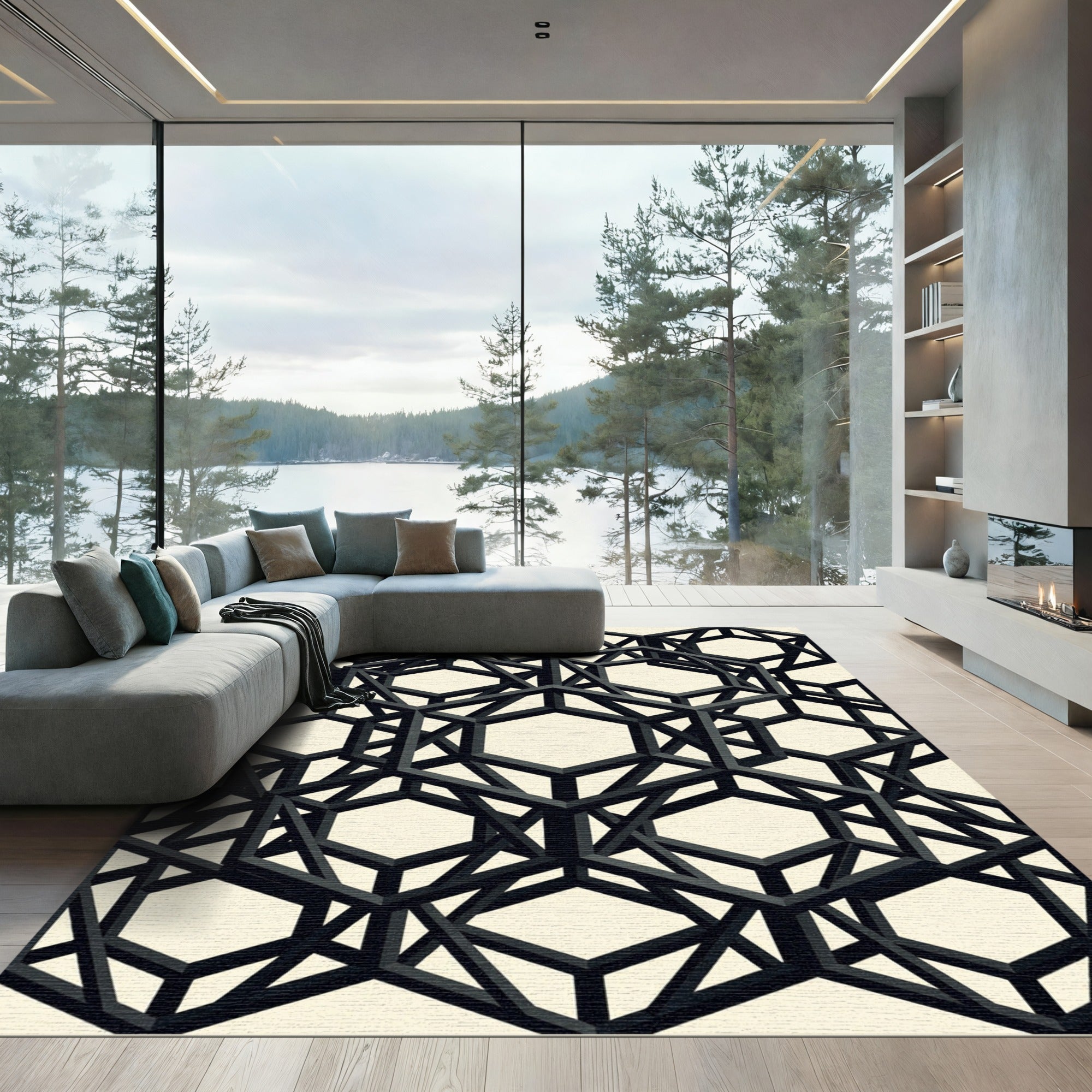 Monochrome Geometric Hexagon Lattice Art Rug