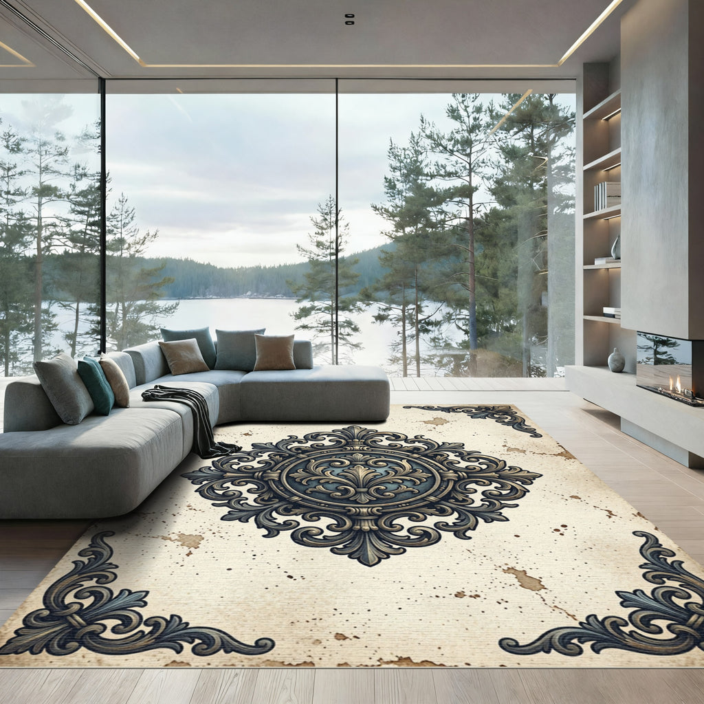 Ornate Bronze Filigree Damask Medallion Rug