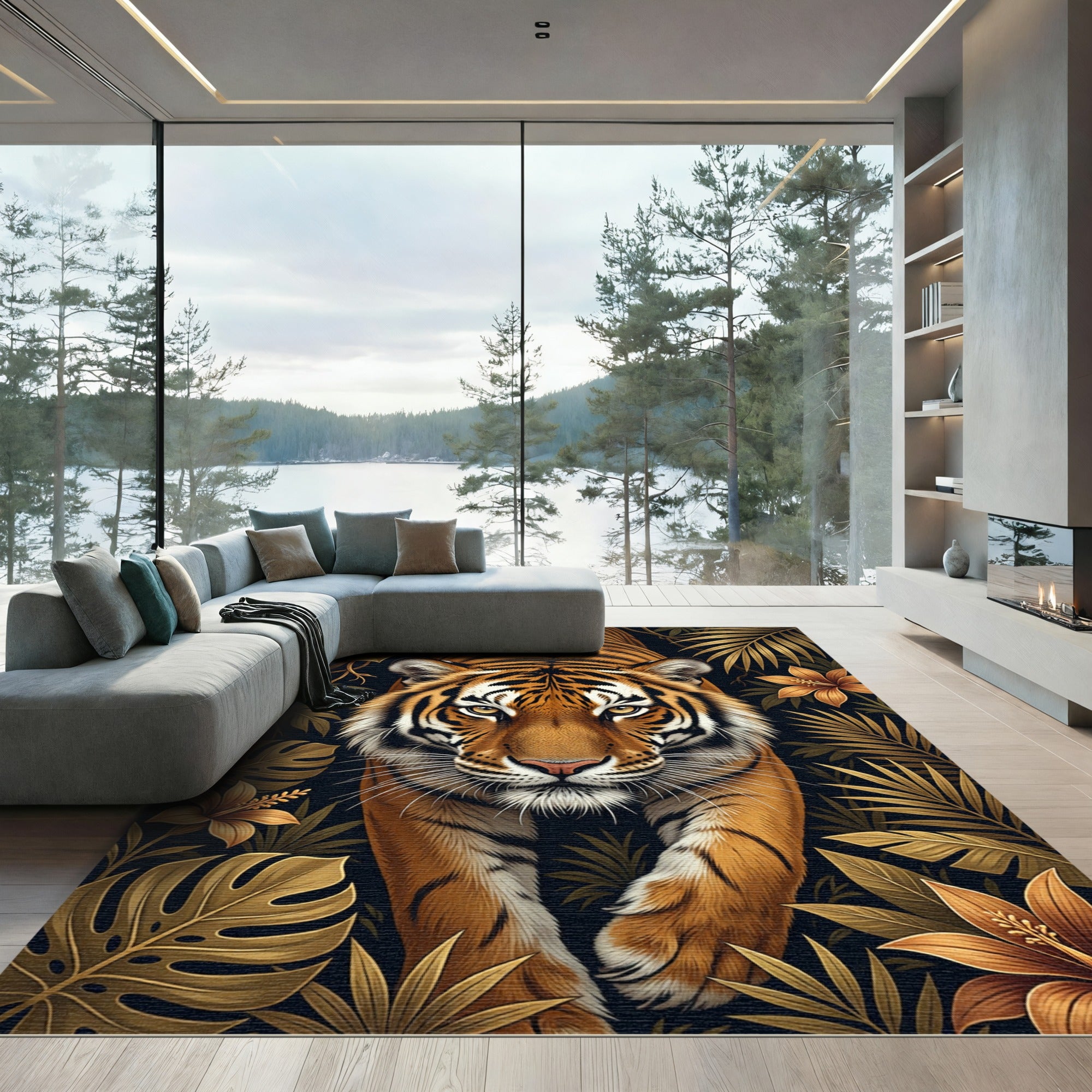 Golden Tiger Jungle Foliage Rug